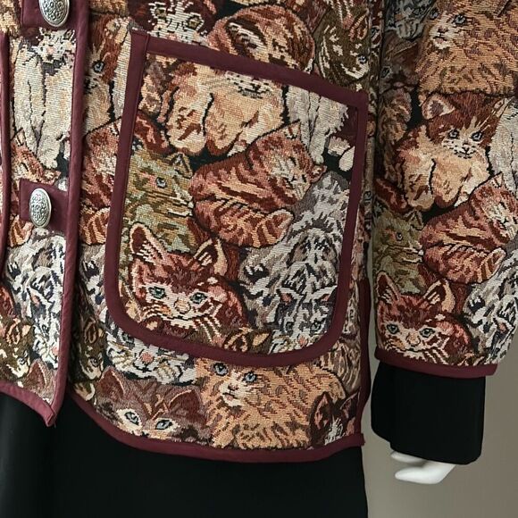 1990’s Cat Tapestry Collared Overcoat with Large Pockets and Metal   Buttons Bla - Picture 4 of 11